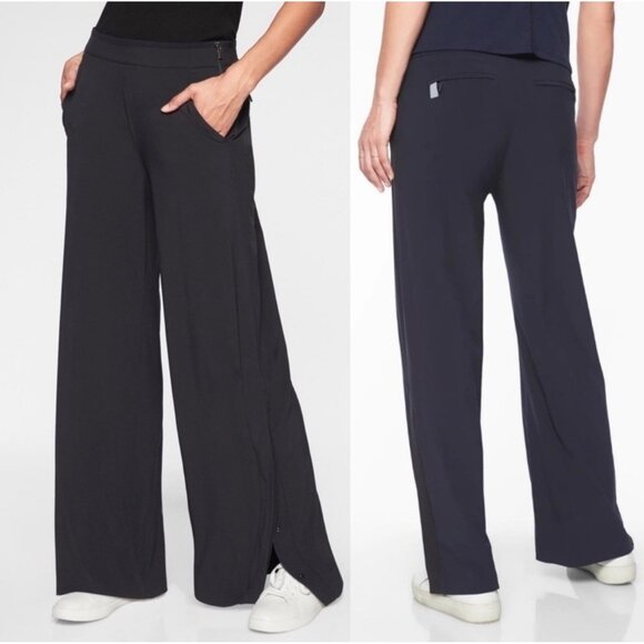 Athleta Gramercy Track Trouser Pants Women 12 Blue Wide Leg Flare Office Classic - Picture 2 of 16